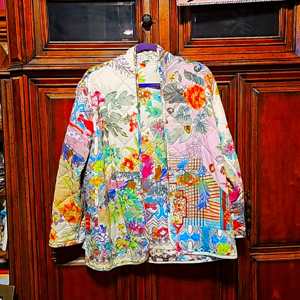 Johnny Was Cream Multicolor Quilted Floral Patchwork Jacket